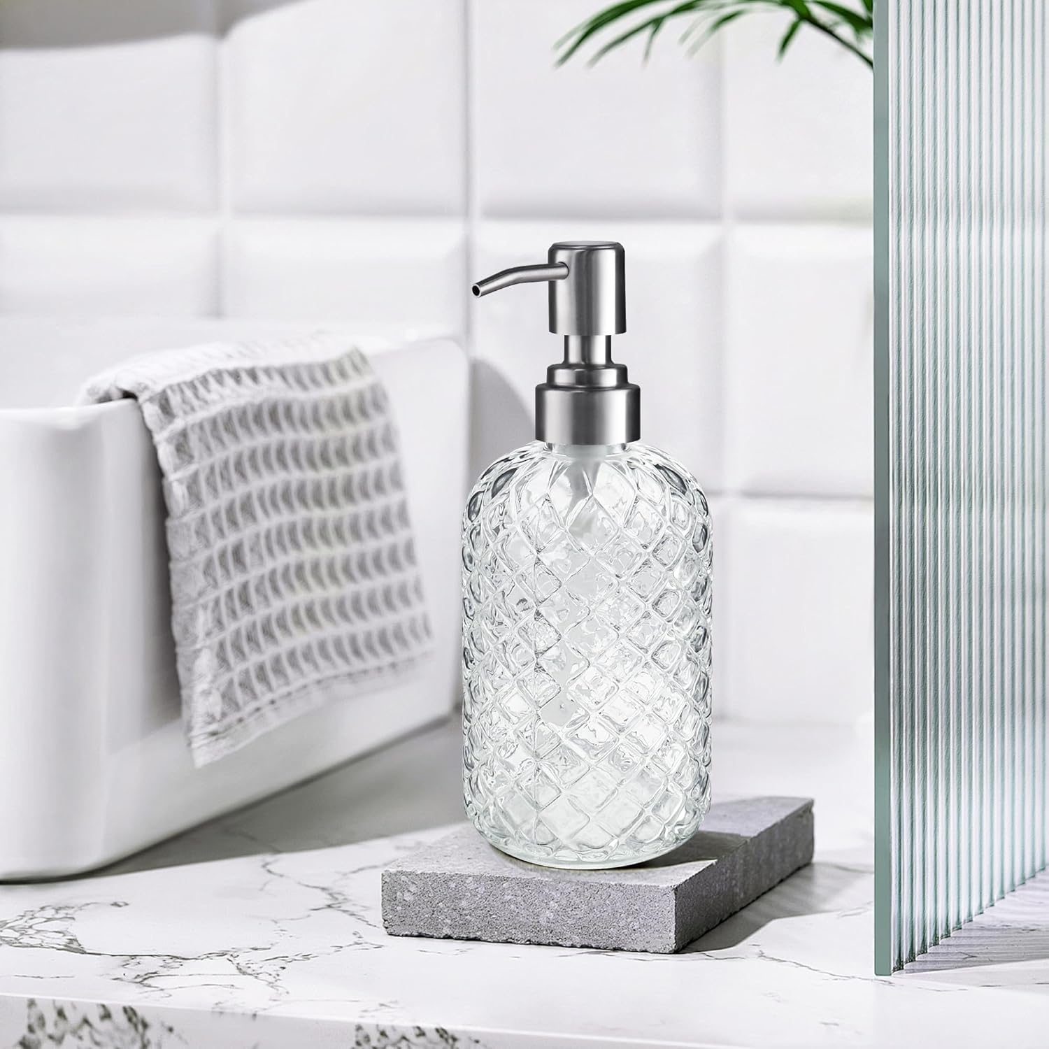 14 Oz Refillable Glass Soap Dispenser with Rust Proof Stainless Steel Pump, for Dispense Hand soap, Body wash, Lotion