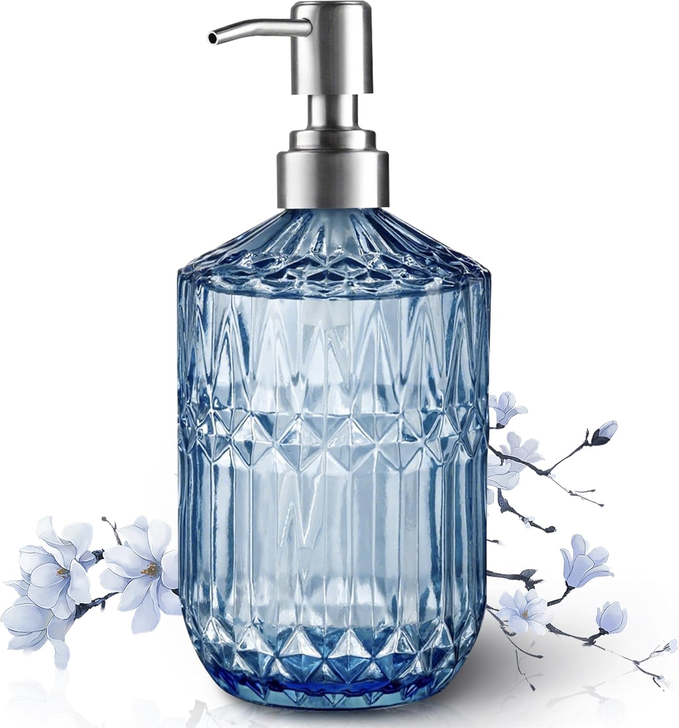 13 Oz Refillable Soap Dispenser, Glass Soap Dispenser for Dispense Hand Soap, Dish Soap, Lotion Blue