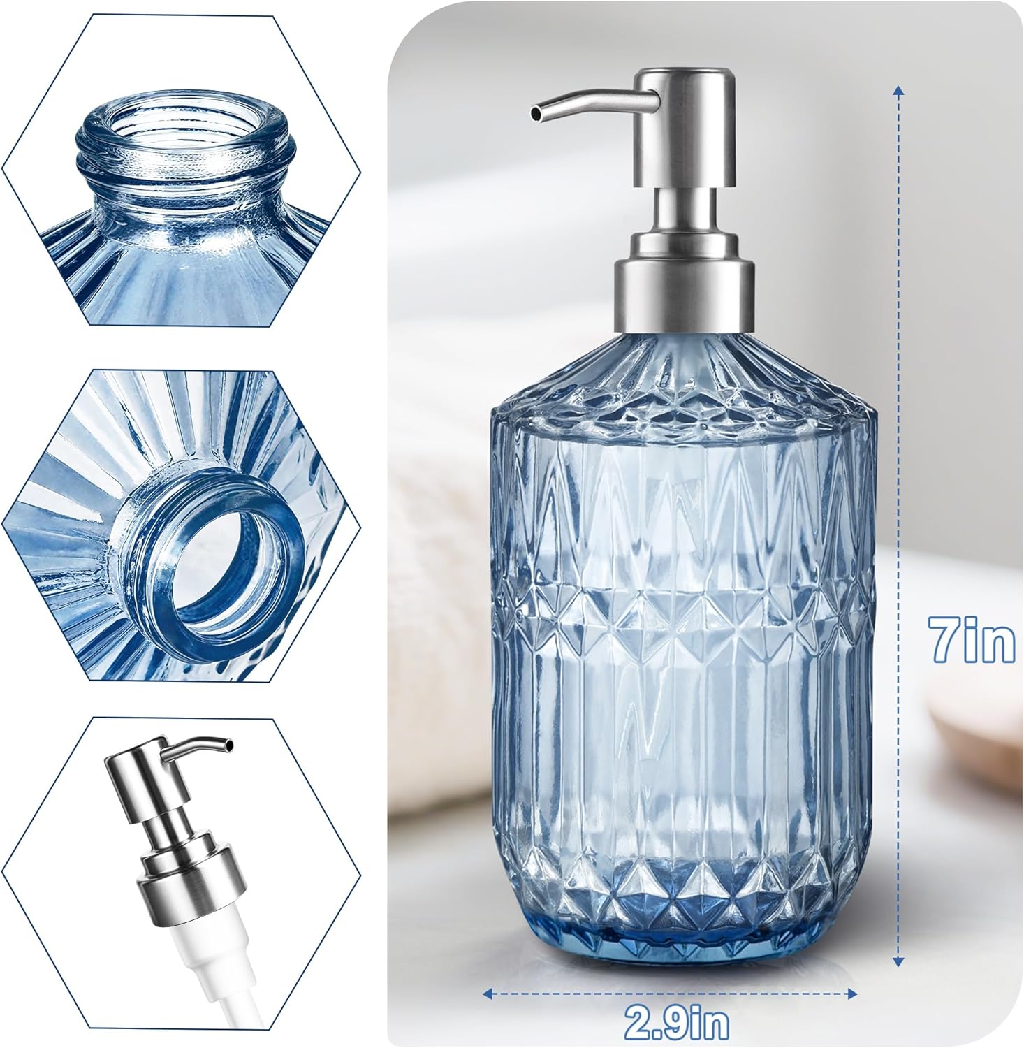 13 Oz Refillable Soap Dispenser, Glass Soap Dispenser for Dispense Hand Soap, Dish Soap, Lotion Blue