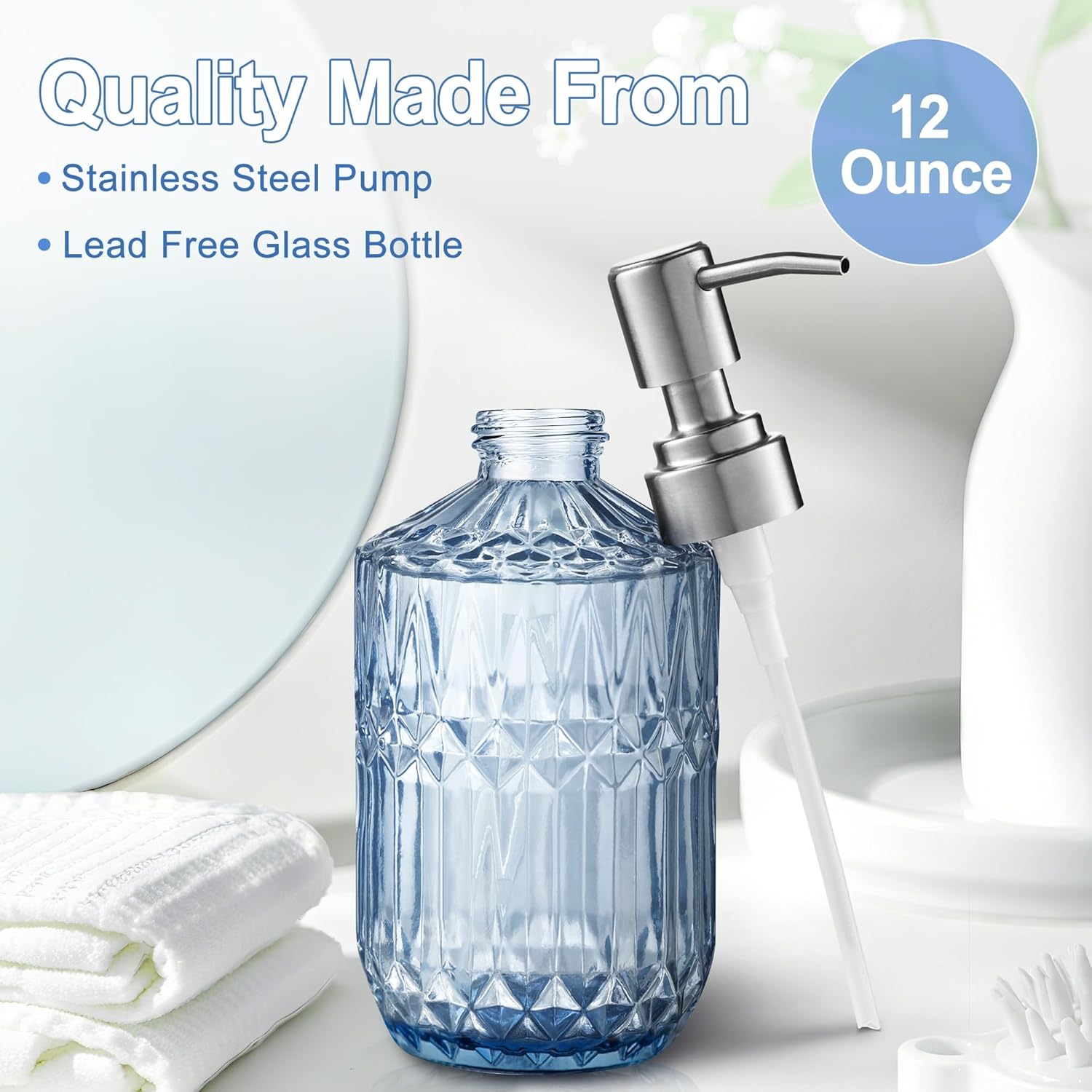 13 Oz Refillable Soap Dispenser, Glass Soap Dispenser for Dispense Hand Soap, Dish Soap, Lotion Blue