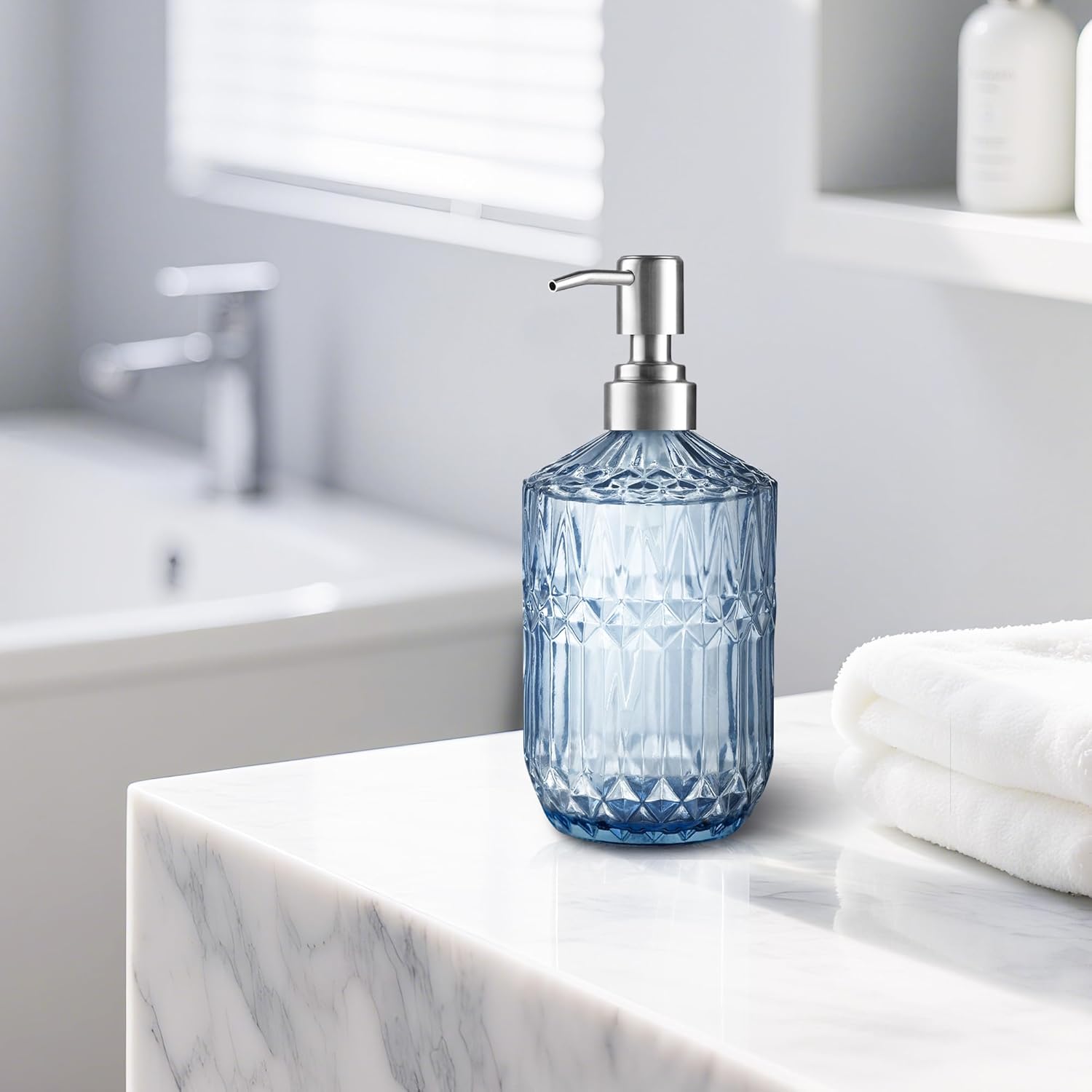 13 Oz Refillable Soap Dispenser, Glass Soap Dispenser for Dispense Hand Soap, Dish Soap, Lotion Blue
