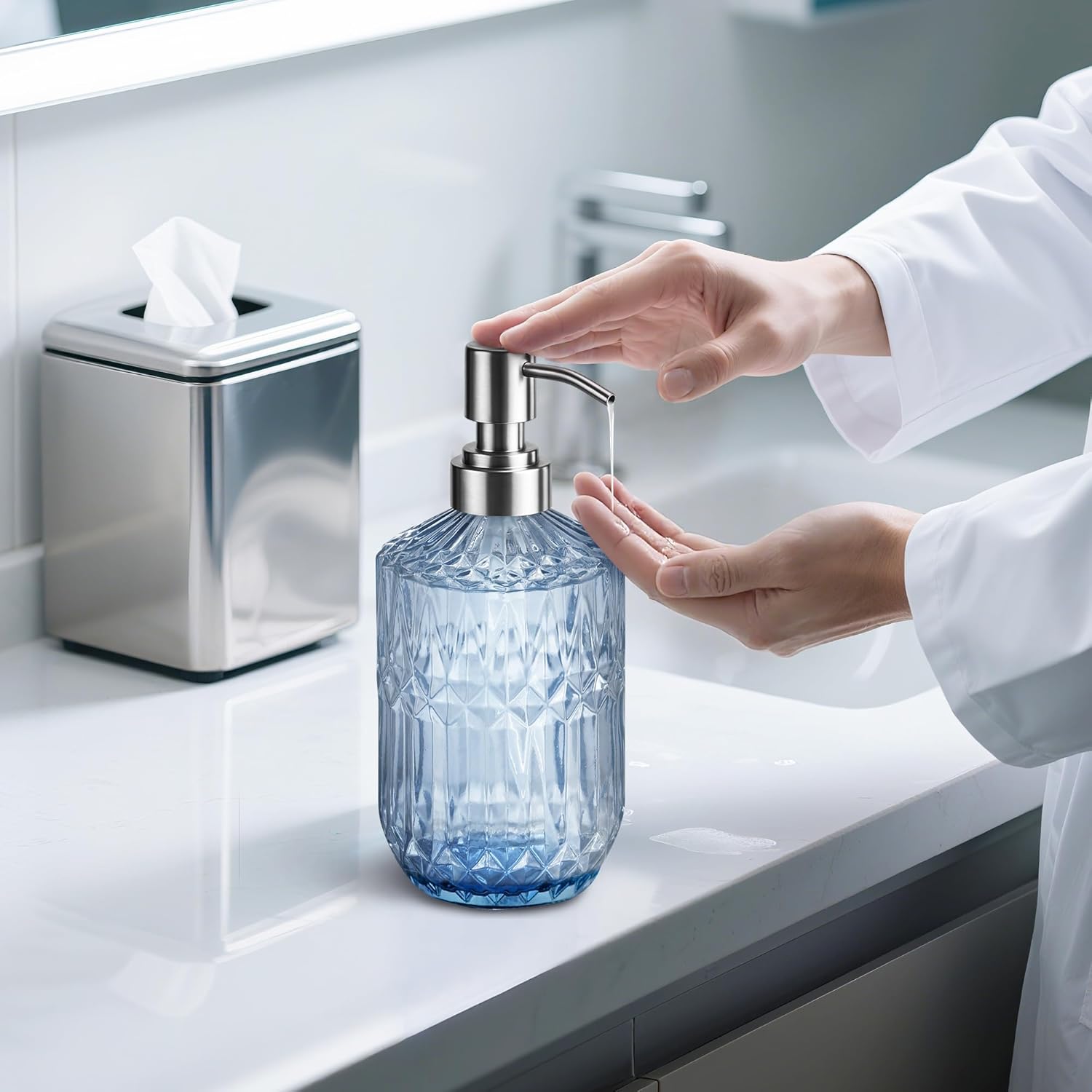 13 Oz Refillable Soap Dispenser, Glass Soap Dispenser for Dispense Hand Soap, Dish Soap, Lotion Blue