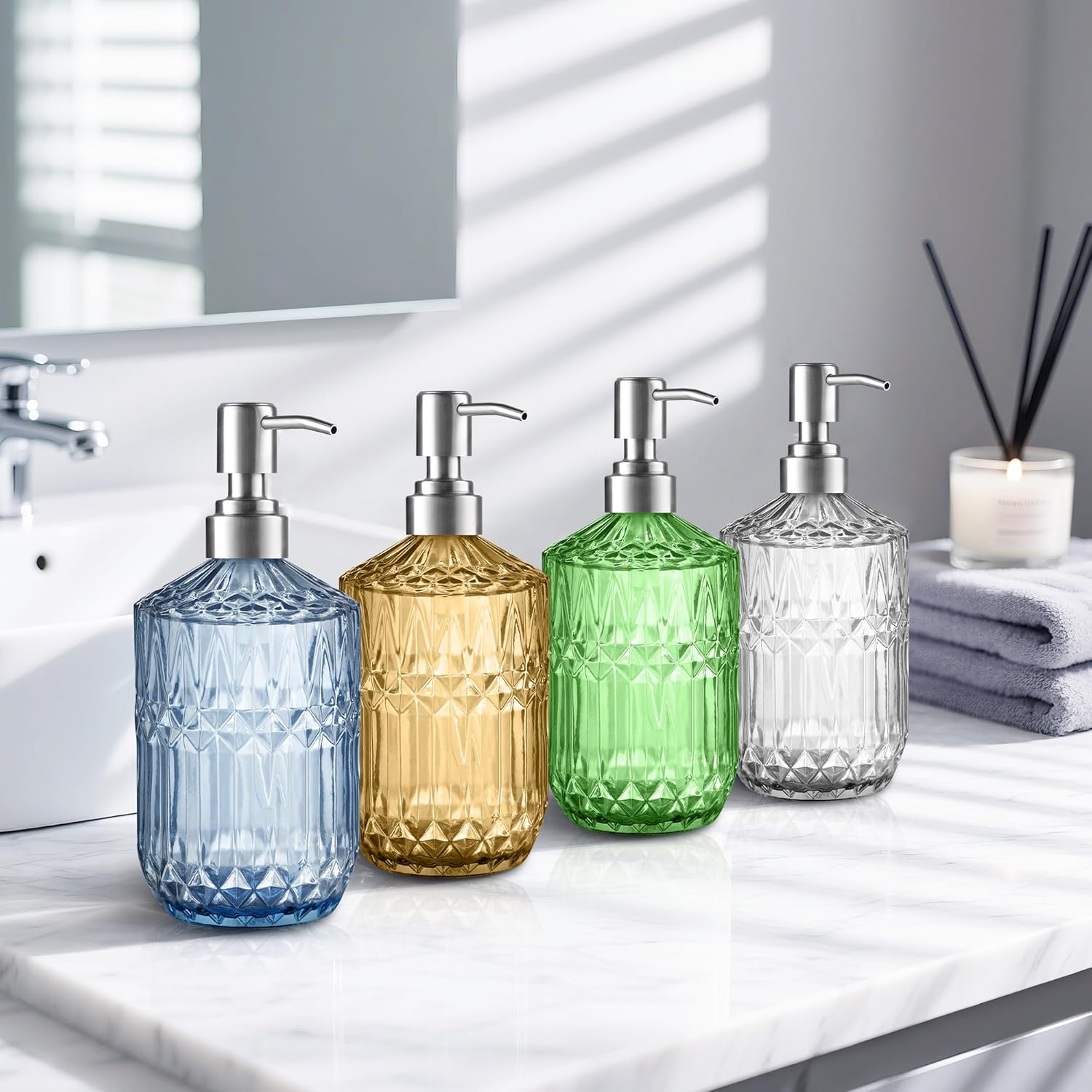 13 Oz Refillable Soap Dispenser, Glass Soap Dispenser for Dispense Hand Soap, Dish Soap, Lotion Blue