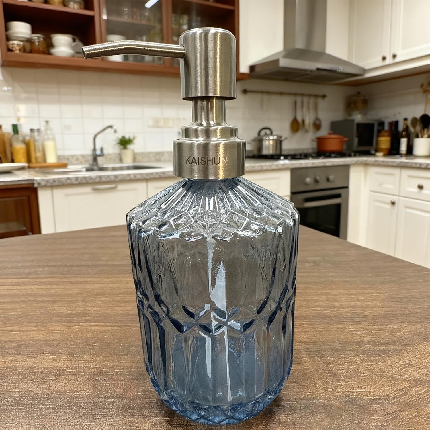 13 Oz Refillable Soap Dispenser, Glass Soap Dispenser for Dispense Hand Soap, Dish Soap, Lotion Blue