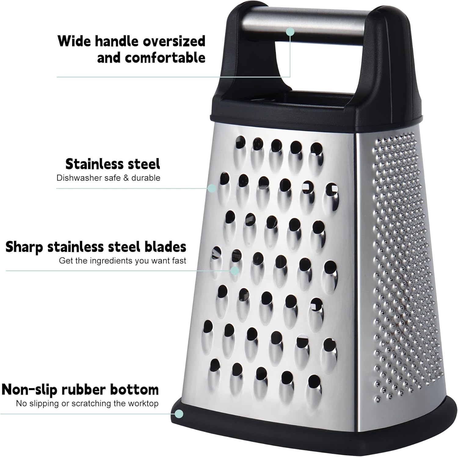 Professional Cheese Grater, 4-Sided Stainless Steel Box Grater, Food Shredder for Cheese, Parmesan, Vegetable, Black