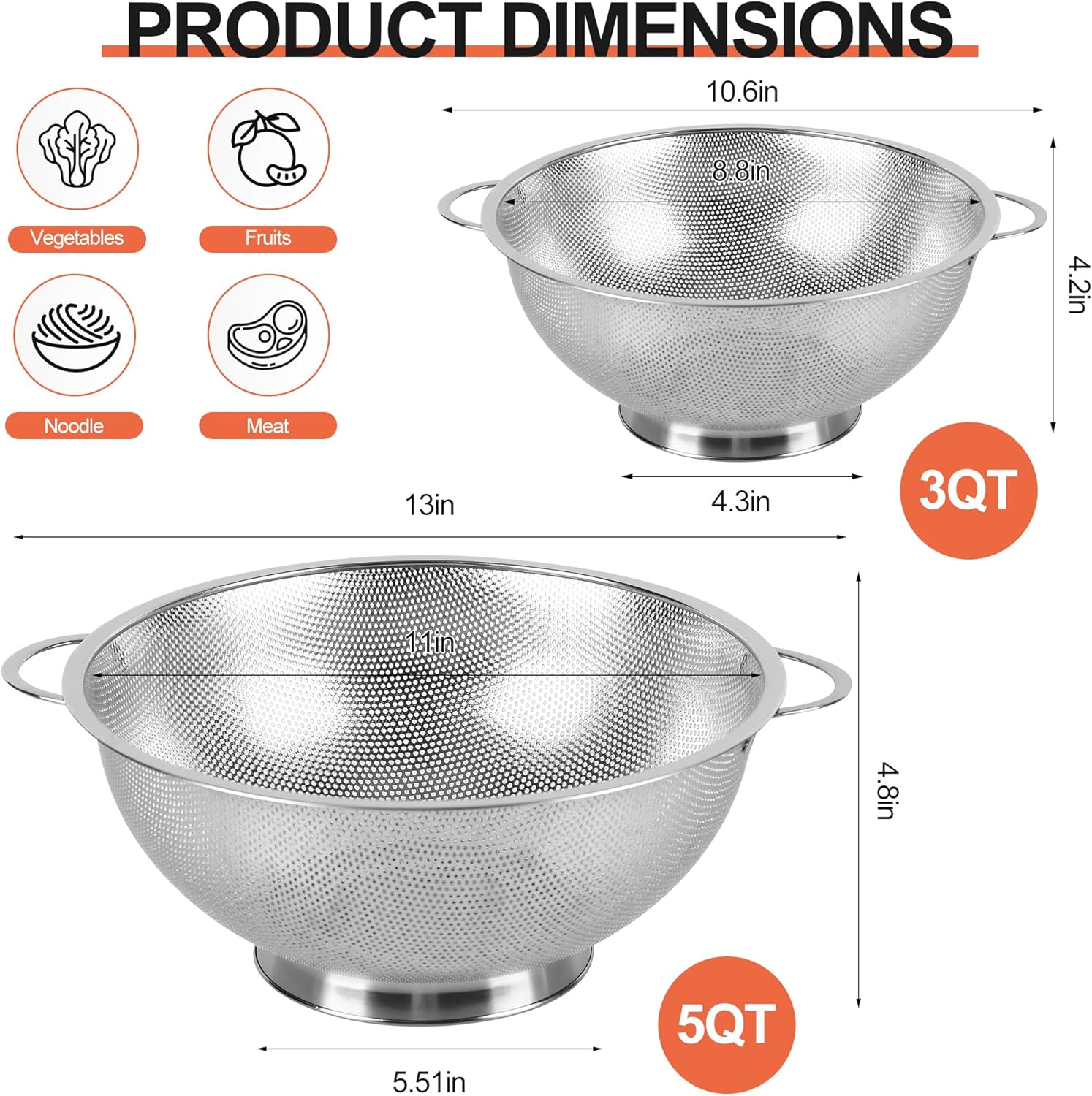 Colander Stainless Steel 3-Quart, Strainer for Kitchen Food, Dishwasher Safe