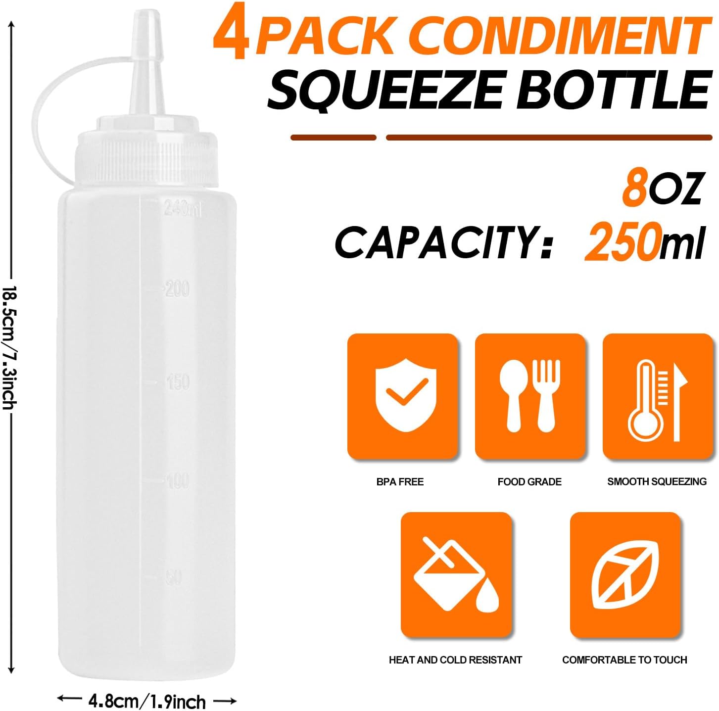 4 Pcs 8 oz Condiment Squeeze Bottles for Sauce, Plastic Squeeze Bottles, Squirt Bottle Oil Container Dispenser for Ketchup, Sauce, BBQ, Grilling, Salad Dressing, Honey,Paint and Craft