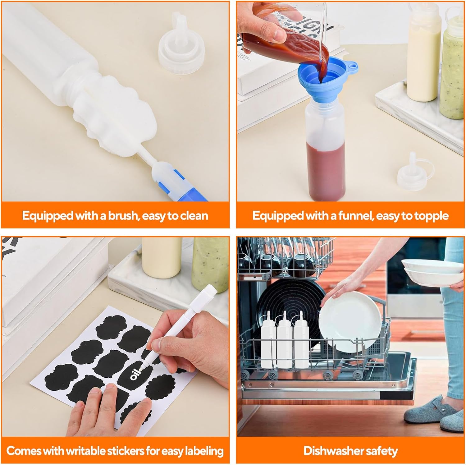 4 Pcs 8 oz Condiment Squeeze Bottles for Sauce, Plastic Squeeze Bottles, Squirt Bottle Oil Container Dispenser for Ketchup, Sauce, BBQ, Grilling, Salad Dressing, Honey,Paint and Craft