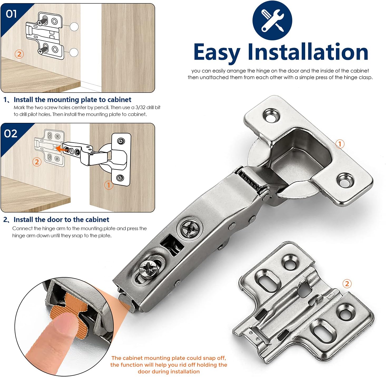 10 Pack 5 Pairs European Kitchen Cabinet Hinges Soft Close Full Overlay Cabinet Door Hinges Heavy-Duty Frameless Adjustable Concealed Cabinet Cup Hinge