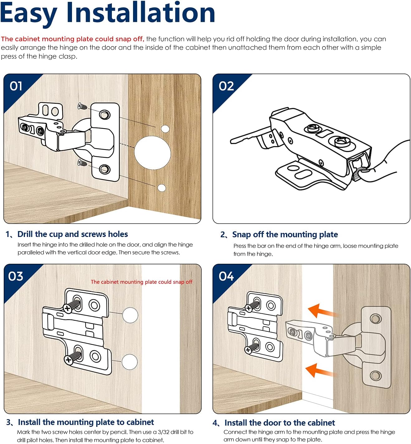 10 Pack 5 Pairs European Kitchen Cabinet Hinges Soft Close Full Overlay Cabinet Door Hinges Heavy-Duty Frameless Adjustable Concealed Cabinet Cup Hinge