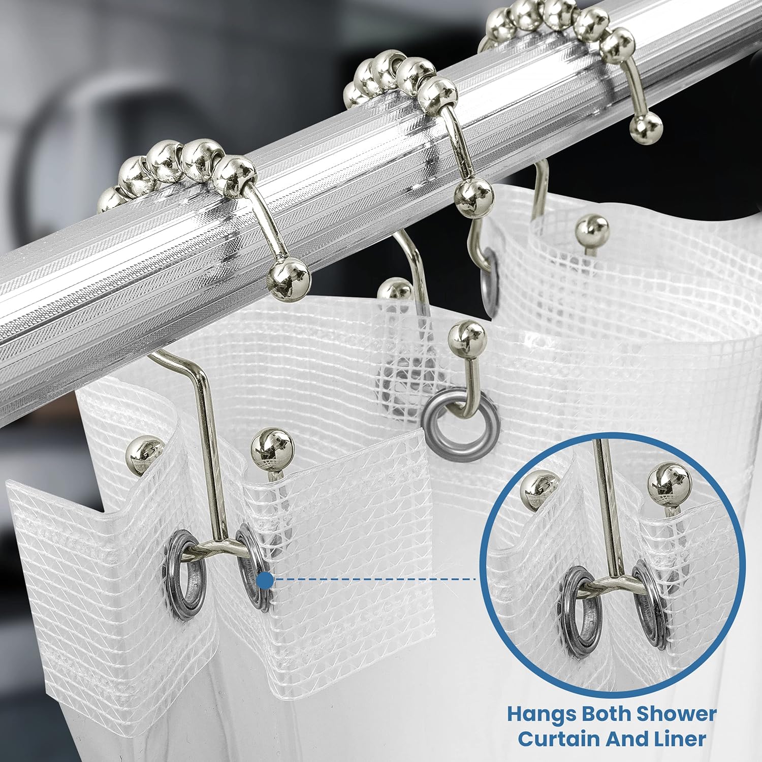 Shower Curtain Hooks Rings 12 Pack, Rust Resistant Double Roller Glide Shower Hooks for Bathroom, Shower Rods and Curtains, Nickel