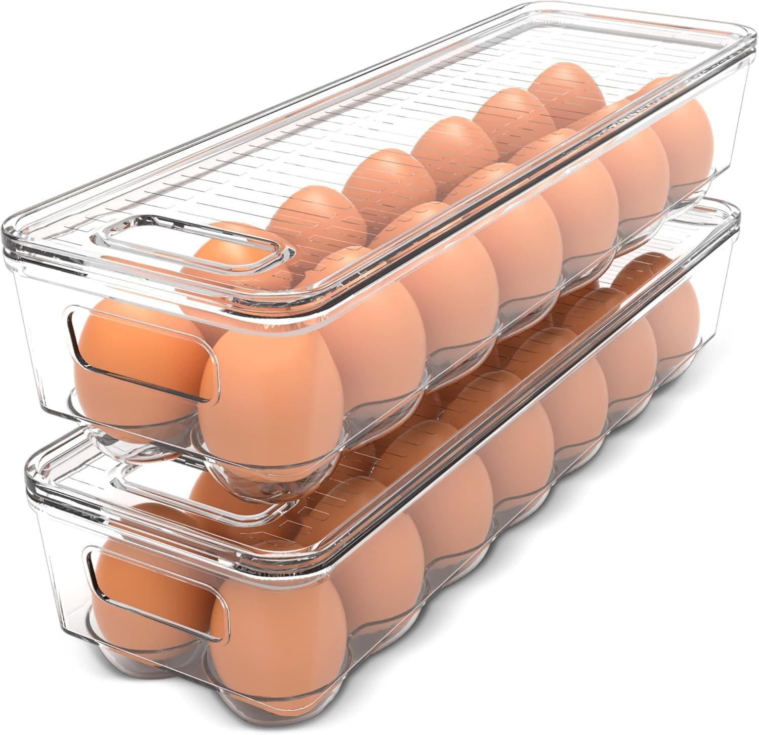 Pack of 2 - Egg Basket for fridge - Egg Holder for Fridge - 14 Egg Container With Lid & Handle, Egg Container For Refrigerator, Stackable Plastic Egg Tray with Lids Clear
