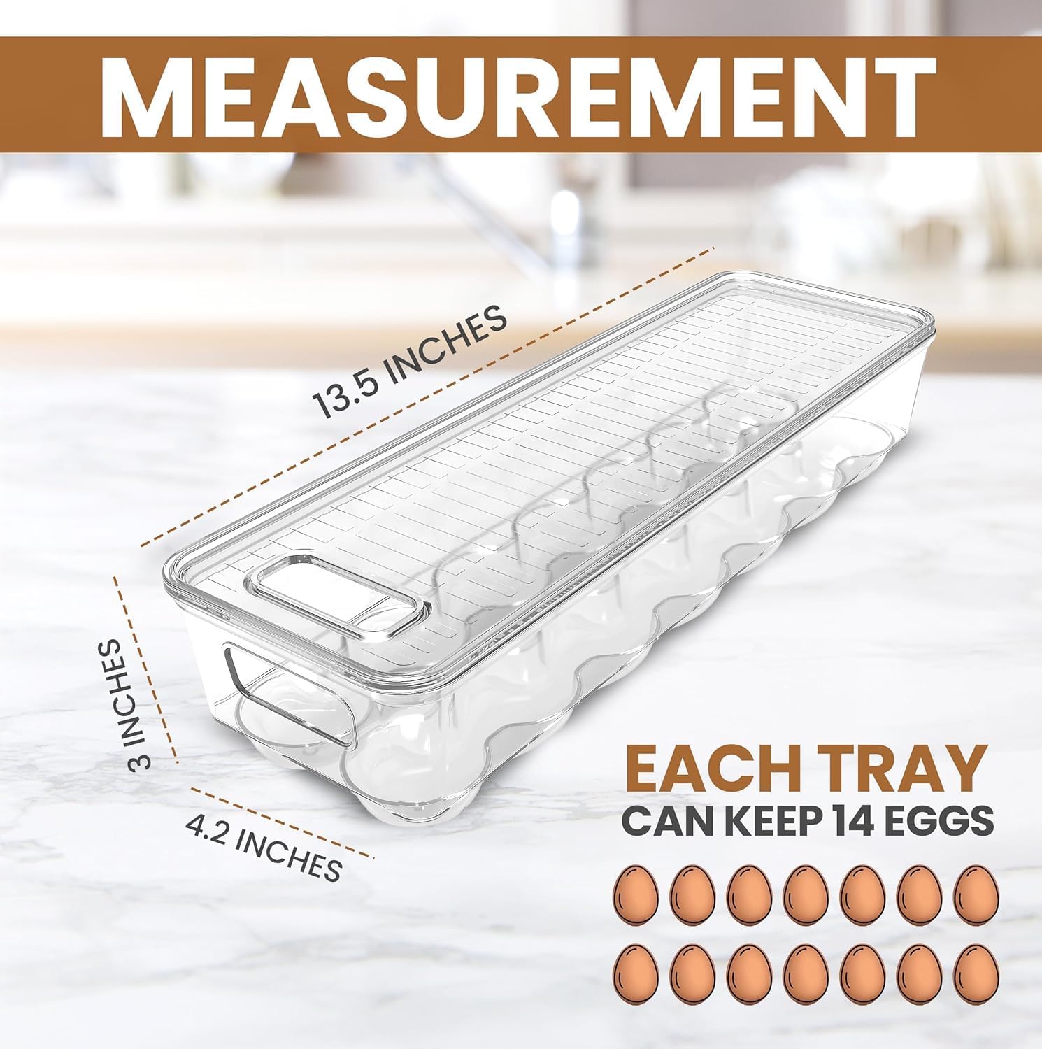 Pack of 2 - Egg Basket for fridge - Egg Holder for Fridge - 14 Egg Container With Lid & Handle, Egg Container For Refrigerator, Stackable Plastic Egg Tray with Lids Clear