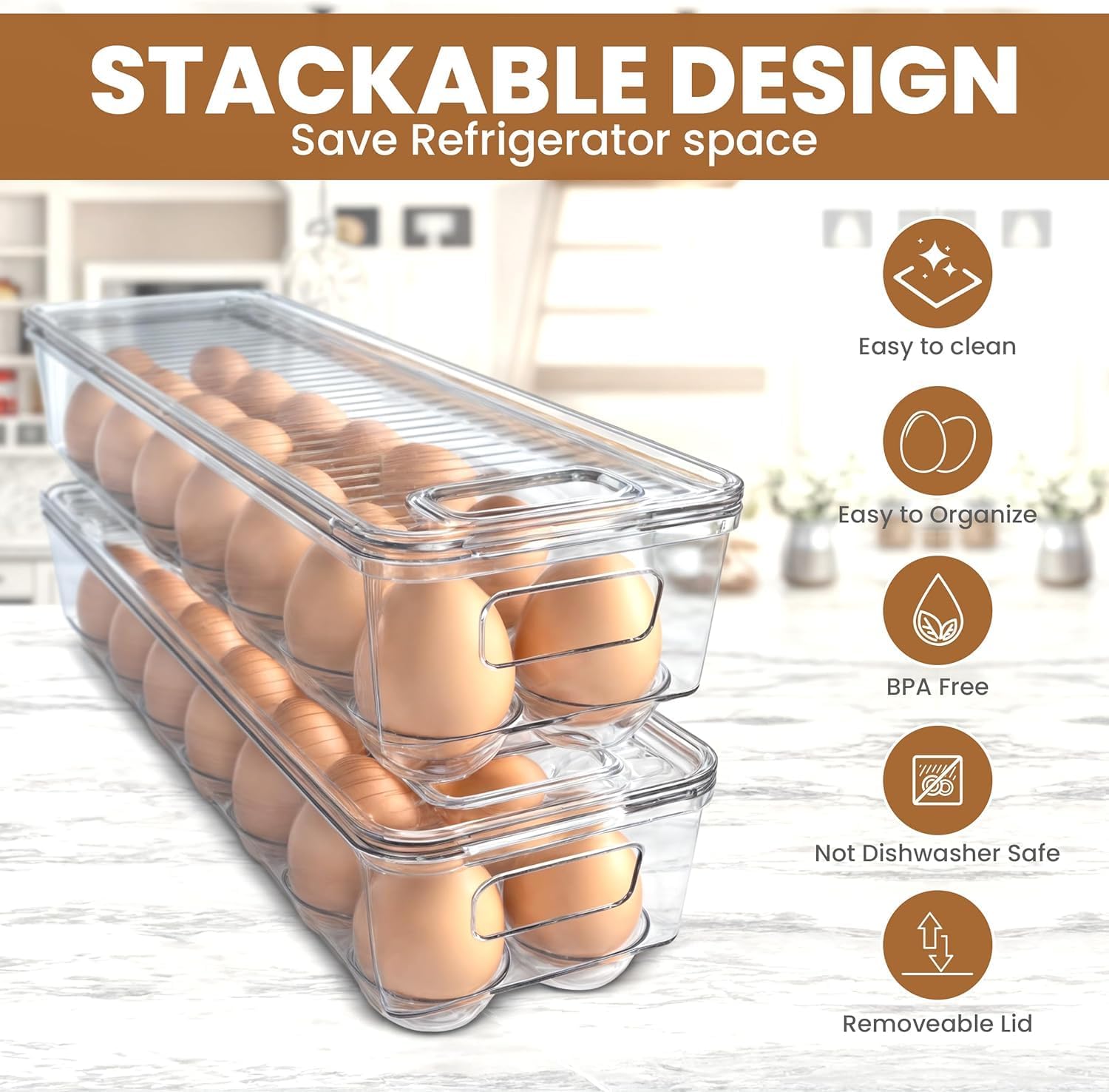Pack of 2 - Egg Basket for fridge - Egg Holder for Fridge - 14 Egg Container With Lid & Handle, Egg Container For Refrigerator, Stackable Plastic Egg Tray with Lids Clear