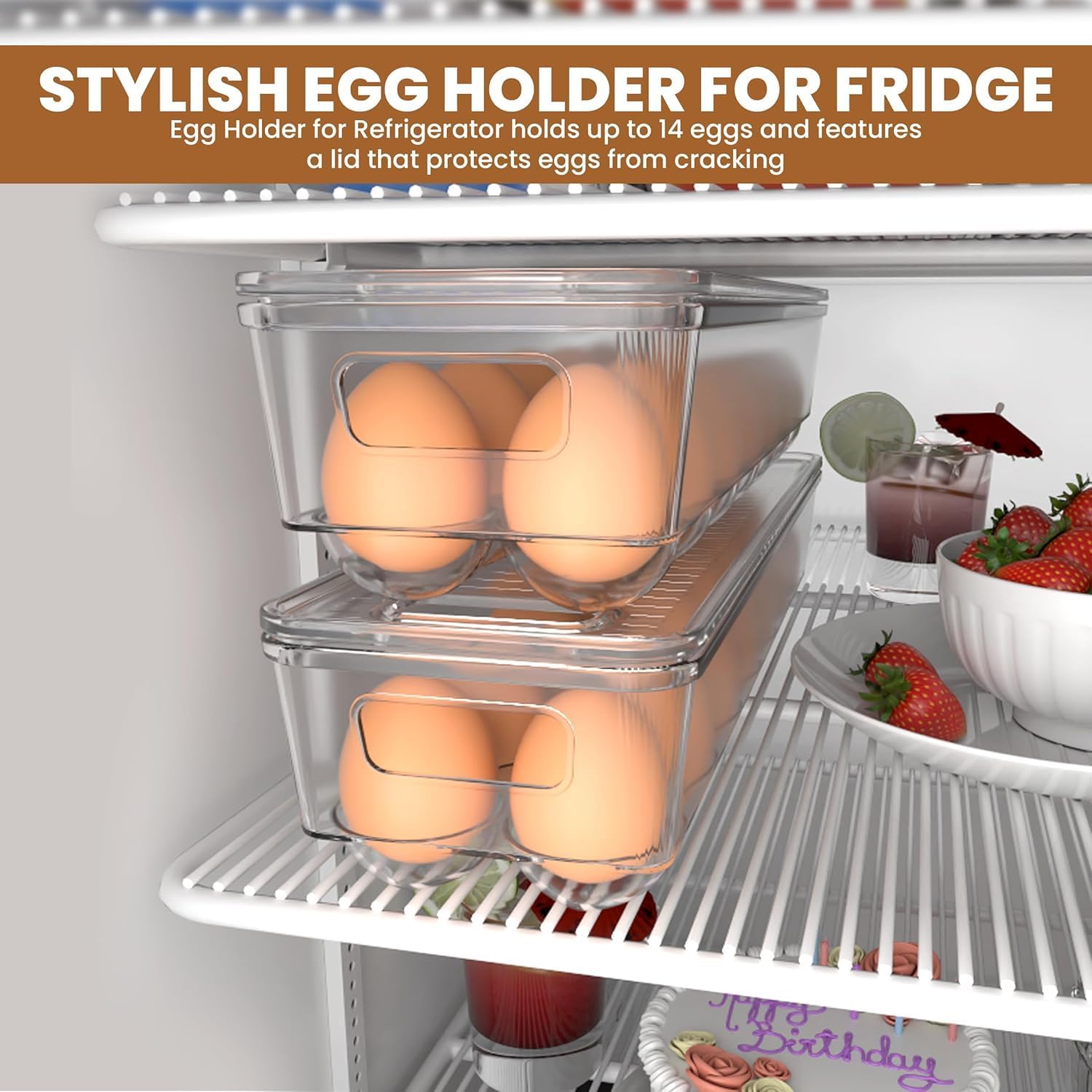 Pack of 2 - Egg Basket for fridge - Egg Holder for Fridge - 14 Egg Container With Lid & Handle, Egg Container For Refrigerator, Stackable Plastic Egg Tray with Lids Clear