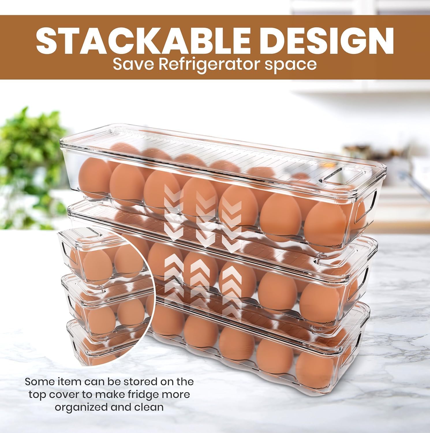 Pack of 2 - Egg Basket for fridge - Egg Holder for Fridge - 14 Egg Container With Lid & Handle, Egg Container For Refrigerator, Stackable Plastic Egg Tray with Lids Clear