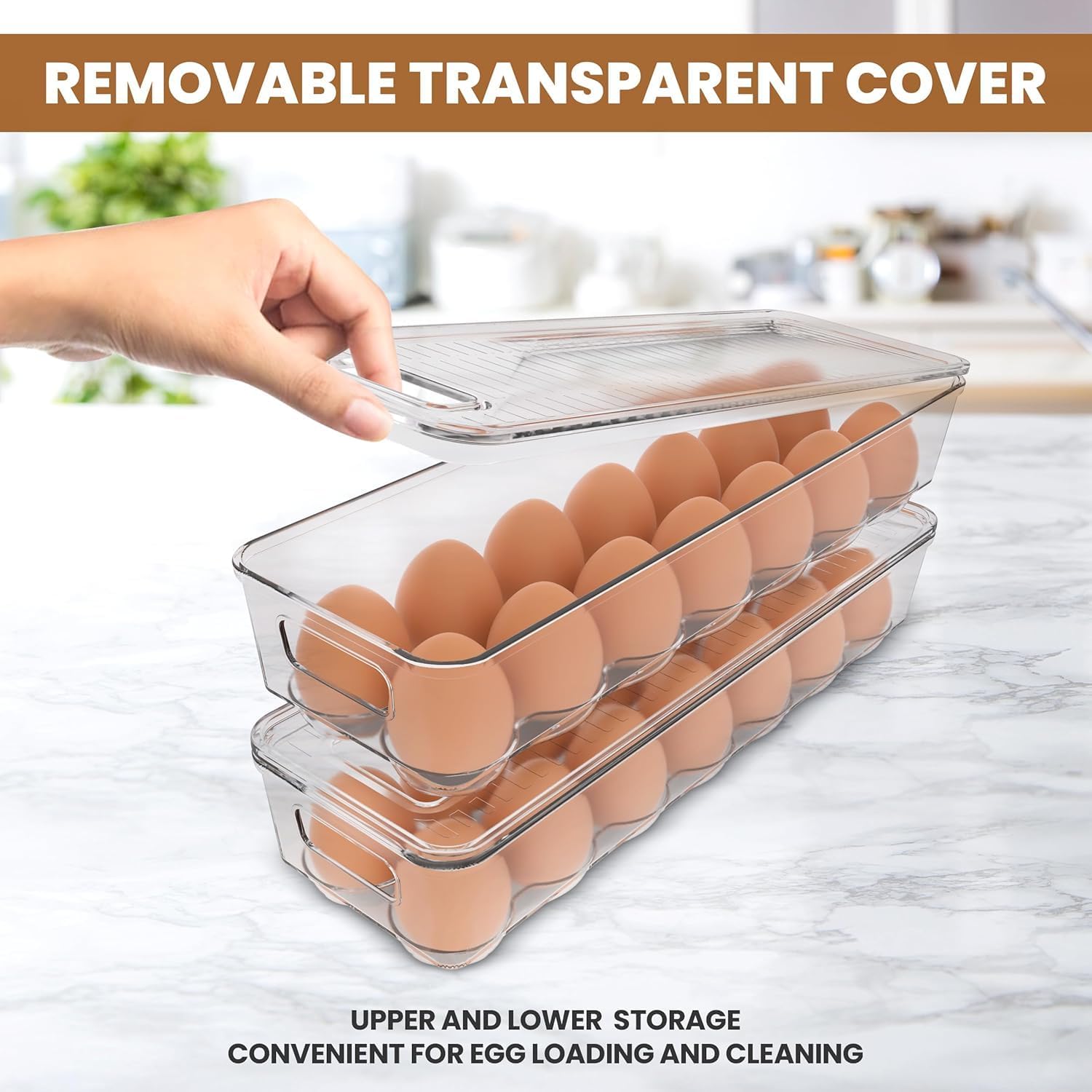 Pack of 2 - Egg Basket for fridge - Egg Holder for Fridge - 14 Egg Container With Lid & Handle, Egg Container For Refrigerator, Stackable Plastic Egg Tray with Lids Clear