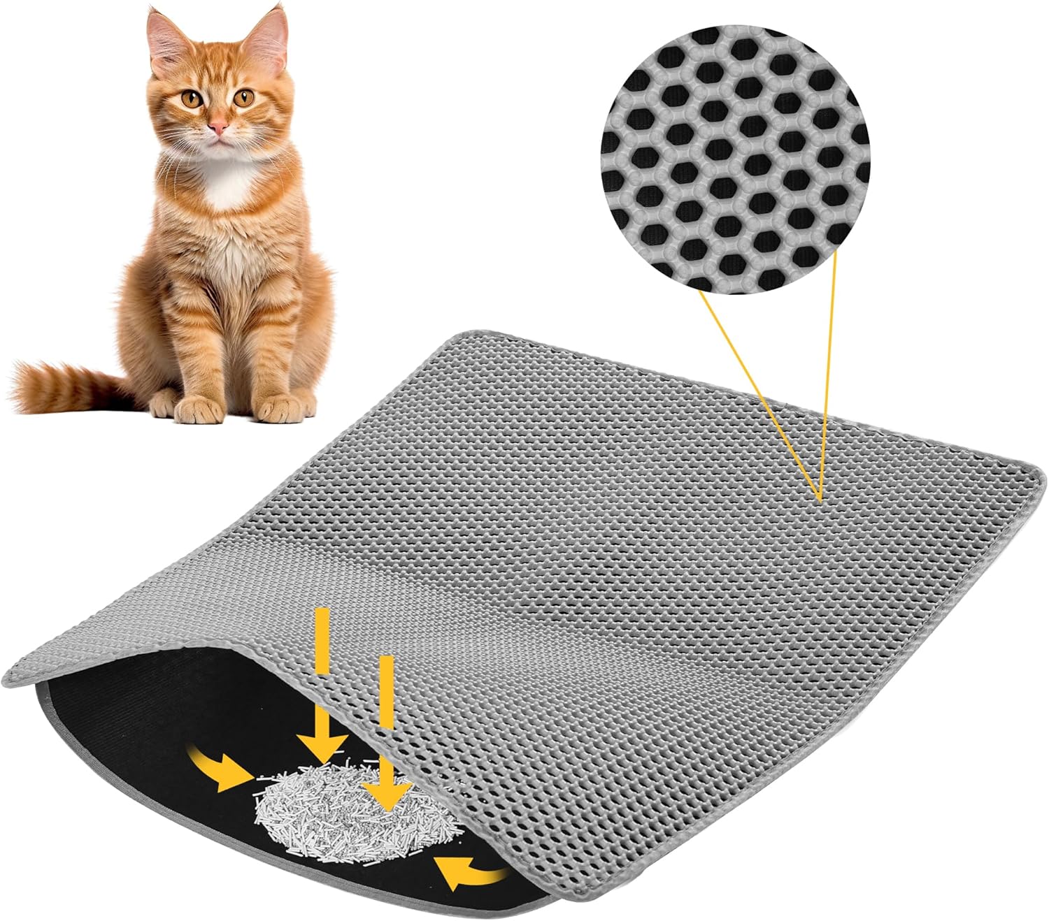 Cat Litter Mat ，60x45cm Double-Layer Honeycomb Design, Waterproof & Urine-Proof, Traps Litter to Keep Floors Clean Gray