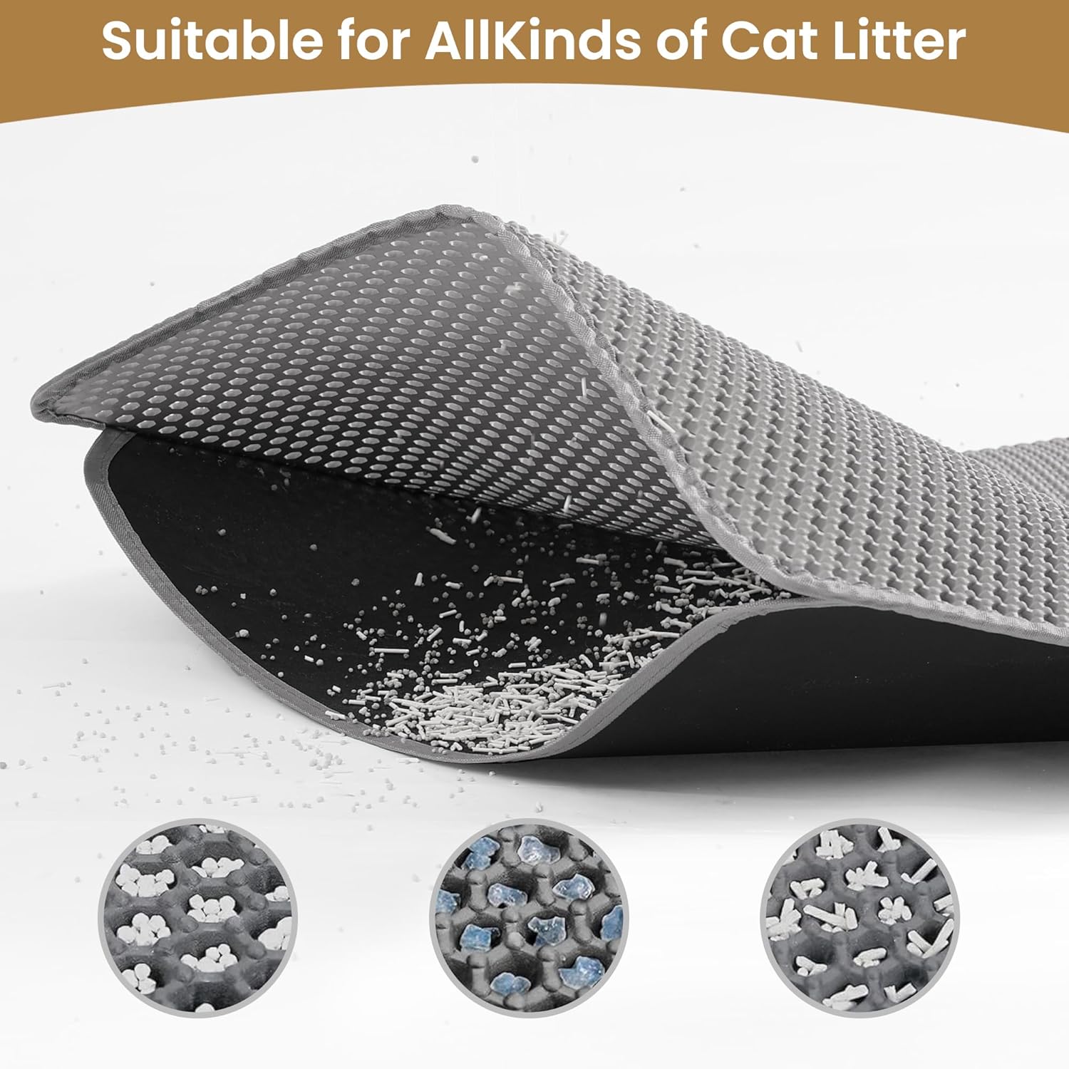 Cat Litter Mat ，60x45cm Double-Layer Honeycomb Design, Waterproof & Urine-Proof, Traps Litter to Keep Floors Clean Gray