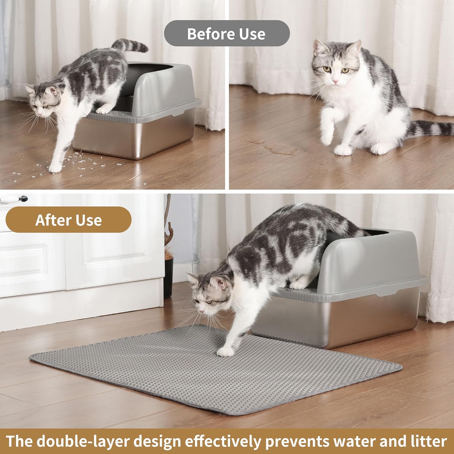 Cat Litter Mat ，60x45cm Double-Layer Honeycomb Design, Waterproof & Urine-Proof, Traps Litter to Keep Floors Clean Gray
