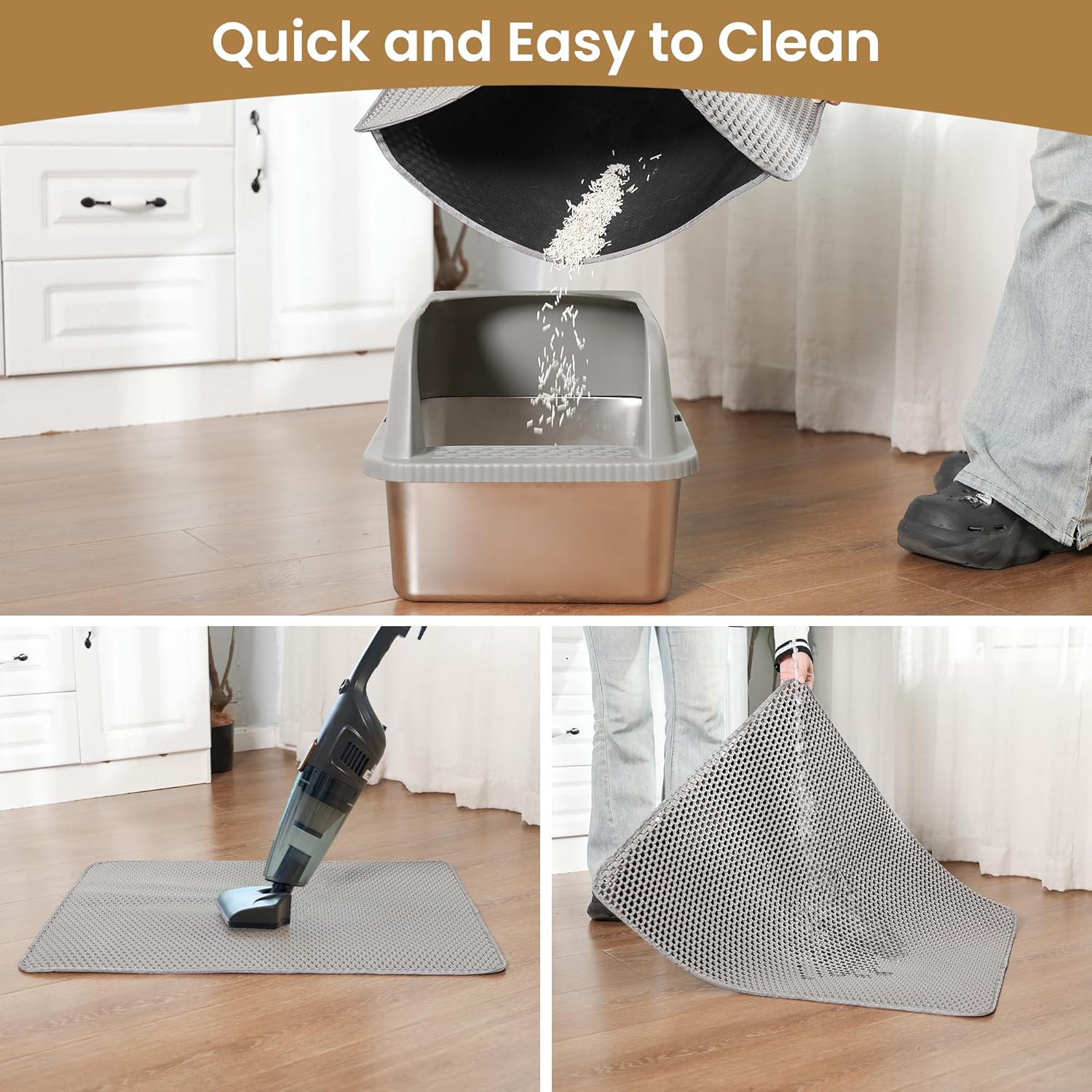 Cat Litter Mat ，60x45cm Double-Layer Honeycomb Design, Waterproof & Urine-Proof, Traps Litter to Keep Floors Clean Gray