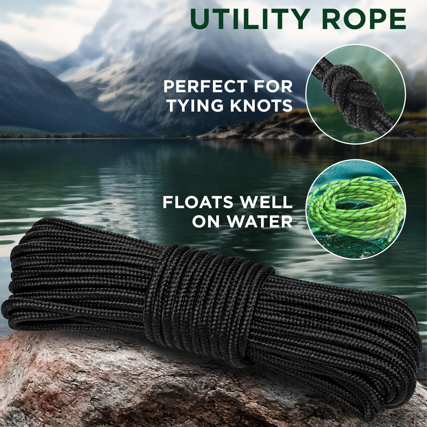 Rope – 1/4” & 3/8” – 90 FT | 150 FT – Strong All-Purpose Utility Rope – Camping, Crafting, Flag Pole, Indoor & Outdoor – Polypropylene Nylon Poly Lightweight Diamond Braided Cord – Black