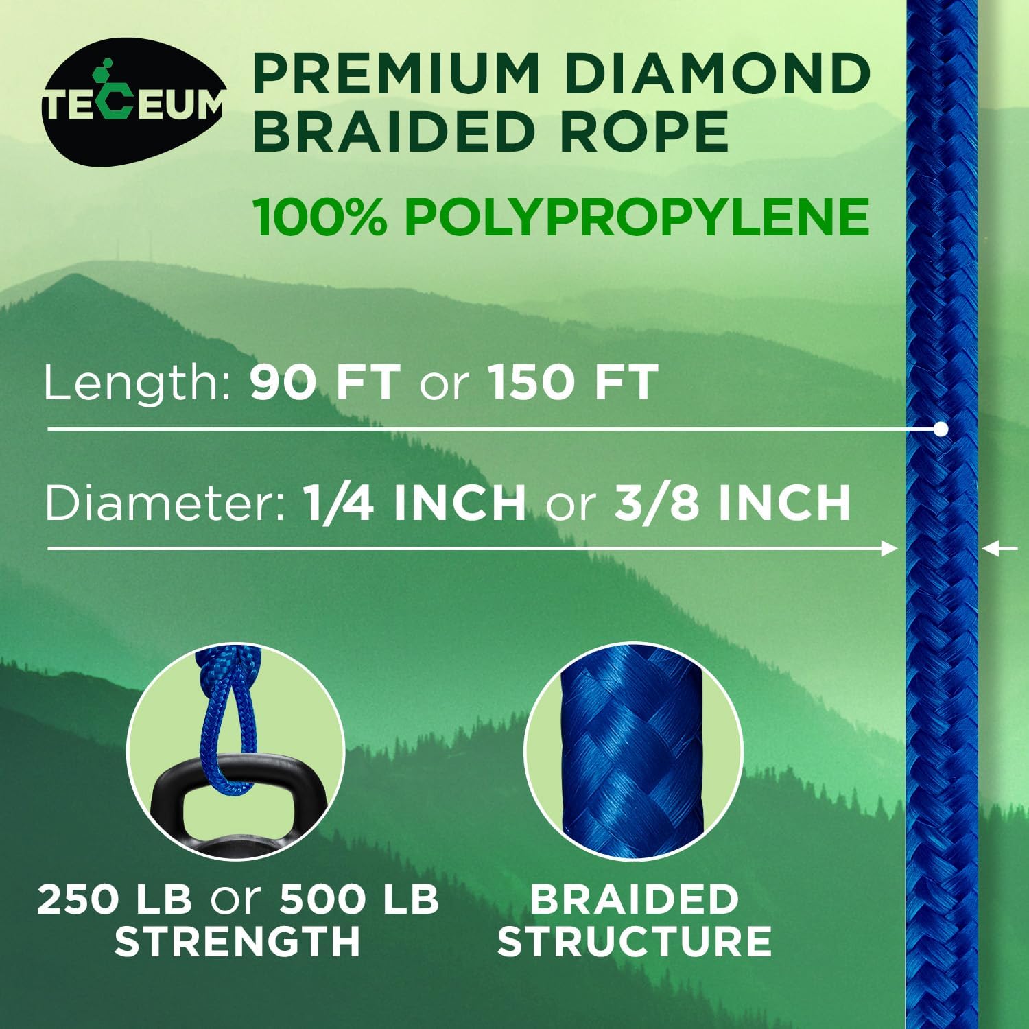 Rope – 90 Feet x 1/4 Inch 7mm – Blue – Strong All-Purpose Utility Rope – Camping, Crafting, Flag Pole, Indoor & Outdoor – Polypropylene Nylon Poly Lightweight Diamond Braided Cord