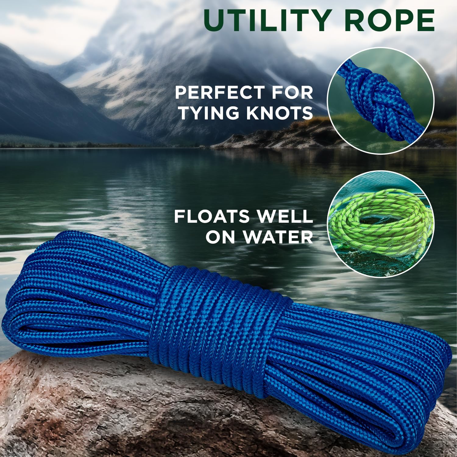 Rope – 90 Feet x 1/4 Inch 7mm – Blue – Strong All-Purpose Utility Rope – Camping, Crafting, Flag Pole, Indoor & Outdoor – Polypropylene Nylon Poly Lightweight Diamond Braided Cord