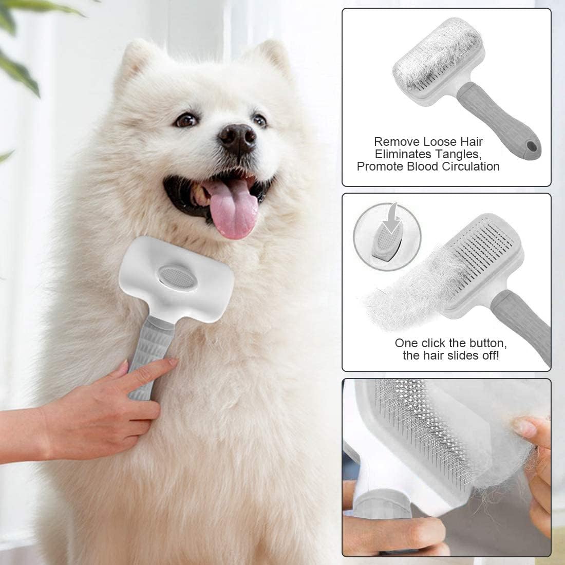 Cat Dog Brush for shedding,Pet Grooming Brush for Cats Dogs Massage,Shedding Brush for Short or Long Hair,Self Cleaning Slicker Brush,Easy to Removes Loose Undercoat, Tangled Hair grey