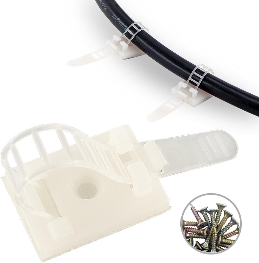 Wire Management Clips Clear Yellowish with Screw Hole 50 Pack Adjustable Zip Ties 3 Inch with 3M Adhesive Tape,Adhesive Clips for Christmas Lights,Desk,Wall to Hold Extension Cord
