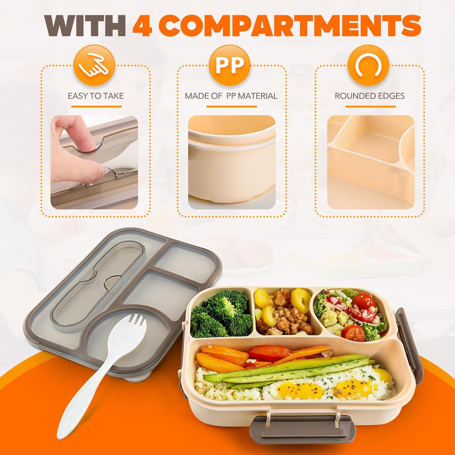 Bento Box Adult Lunch Box with 4-Compartment Leakproof Lunch Containers Microwave and Dishwasher Safe Bento Box with Spoon