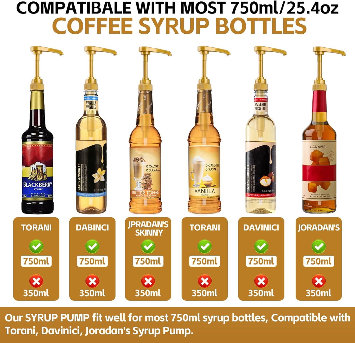 4PCS Syrup Pump for 25.4 Oz/750ml Flavorings Bottles, Coffee Syrup Pump Dispenser, Compatible with Torani, Matteo's, DaVinci, Jordans Skinny Syrups Bottles, Syrup Dispenser for Coffee Bar Accessories