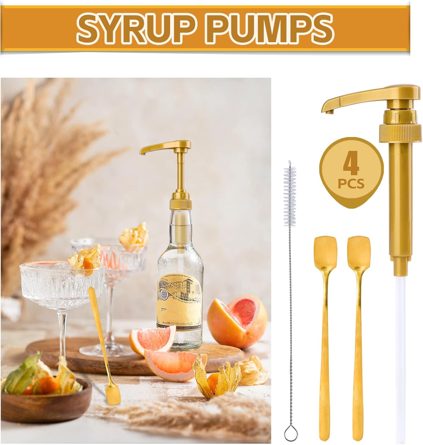 4PCS Syrup Pump for 25.4 Oz/750ml Flavorings Bottles, Coffee Syrup Pump Dispenser, Compatible with Torani, Matteo's, DaVinci, Jordans Skinny Syrups Bottles, Syrup Dispenser for Coffee Bar Accessories
