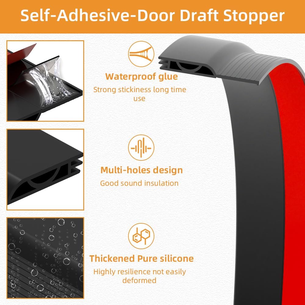 Silicone Door Draft Stopper, Adjustable Weather Stripping Door Seal,Door Sweep Strip Under Door Draft Blocker, Soundproof Door Bottom Seal Strip for Interior & Exterior Doors Black, 2" W x 39" L