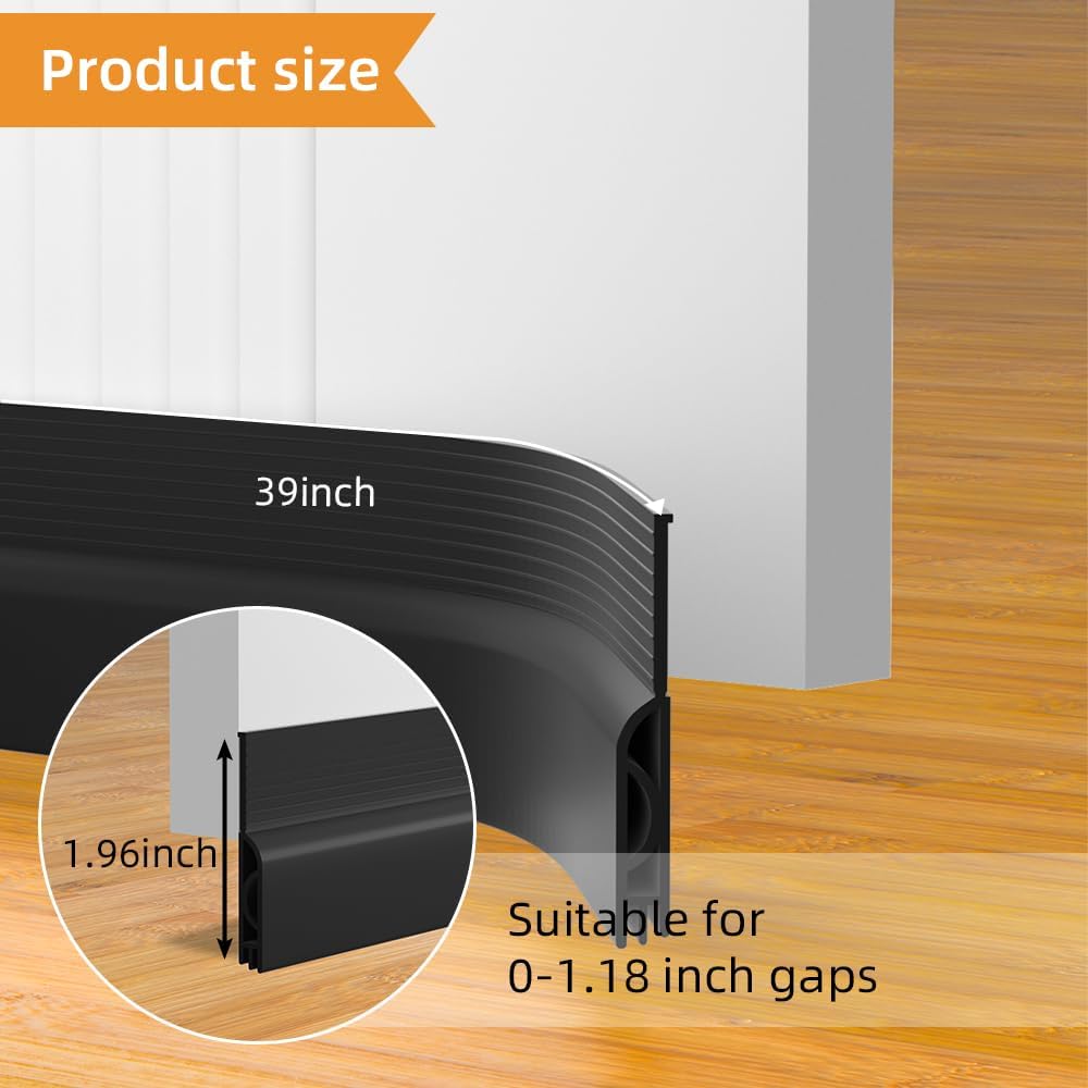 Silicone Door Draft Stopper, Adjustable Weather Stripping Door Seal,Door Sweep Strip Under Door Draft Blocker, Soundproof Door Bottom Seal Strip for Interior & Exterior Doors Black, 2" W x 39" L