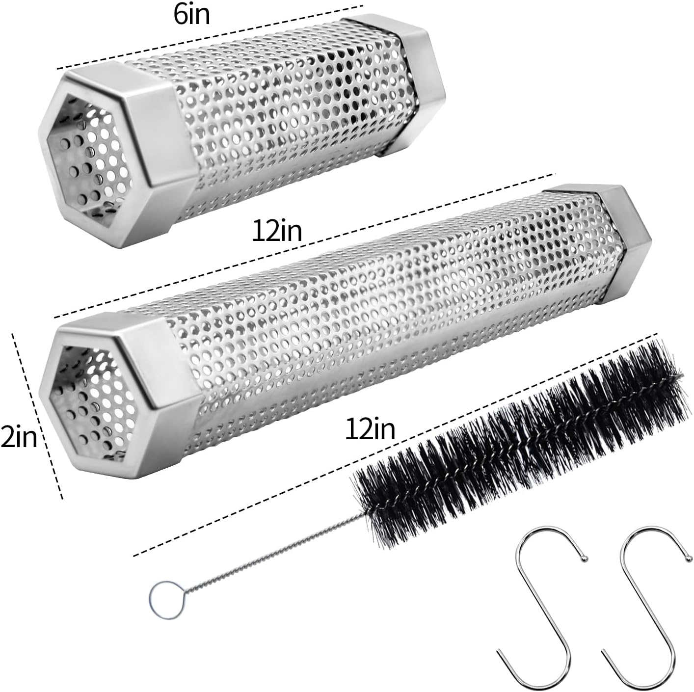 Pellet Smoker Tube Set, 6" & 12" Stainless Steel BBQ Wood Smoker Tube with Brush and 2 Hooks for 2.5hrs/5hrs of Billowing Cold/Hot Smoking for All Grills or Smokers, Smoking Cheese Beef Nuts Fish