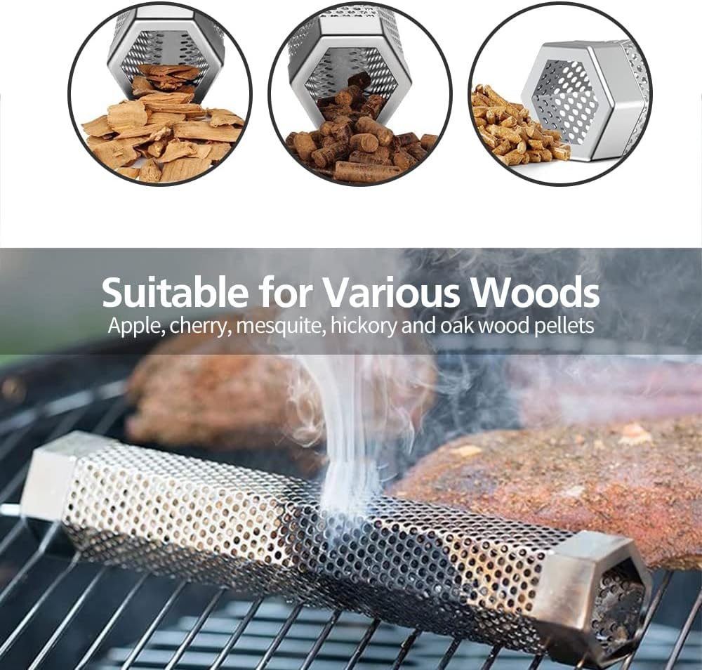 Pellet Smoker Tube Set, 6" & 12" Stainless Steel BBQ Wood Smoker Tube with Brush and 2 Hooks for 2.5hrs/5hrs of Billowing Cold/Hot Smoking for All Grills or Smokers, Smoking Cheese Beef Nuts Fish