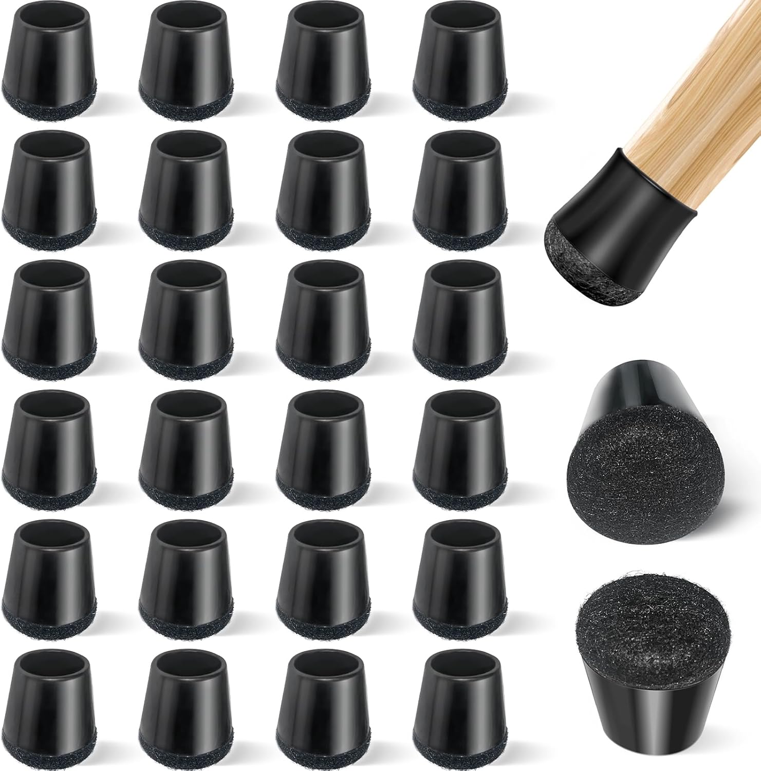 24 PCS Silicone & Felt Chair Leg Floor Protectors for Hardwood Floors - Furniture Pads, Chair Leg Covers/Cups - No Noise & Scratch-Proof - Round XS Fits 9/16" to 12/16" / 15-19mm , Black
