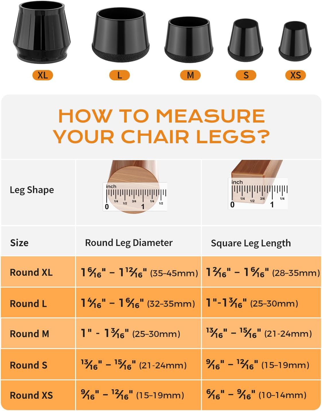 24 PCS Silicone & Felt Chair Leg Floor Protectors for Hardwood Floors - Furniture Pads, Chair Leg Covers/Cups - No Noise & Scratch-Proof - Round XS Fits 9/16" to 12/16" / 15-19mm , Black