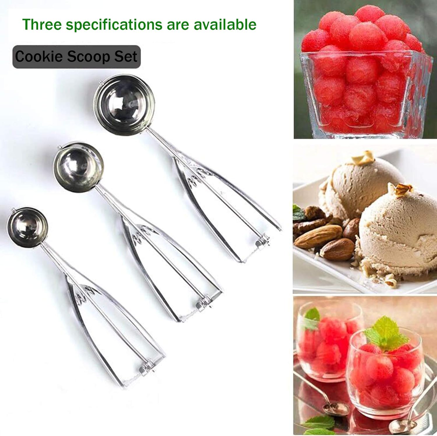 Cookie Scoop Set 3 PCS, with Trigger Large-Medium-Small Size for Kitchen Family Ice Cream Cookie Cupcake Muffin Meatbal Multipurpose tainless Steel Ice Cream Scooper