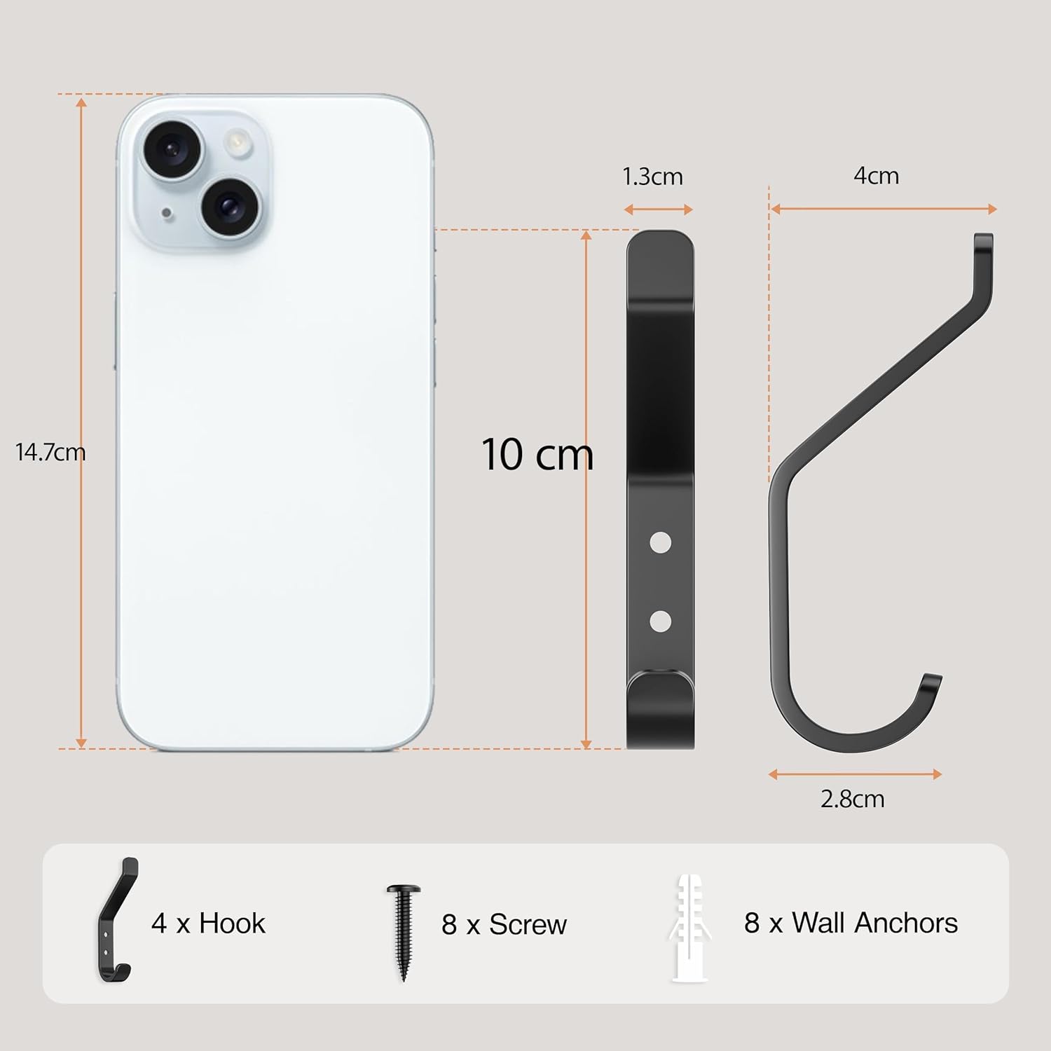 10-Pack Coat Hook for Hanging, 10KG Max , Stainless Wall Hooks for Towel, Hat, Backpack, Key, Clothes, Wall Mounted Coat Hanger for Closet, Black 10 CM