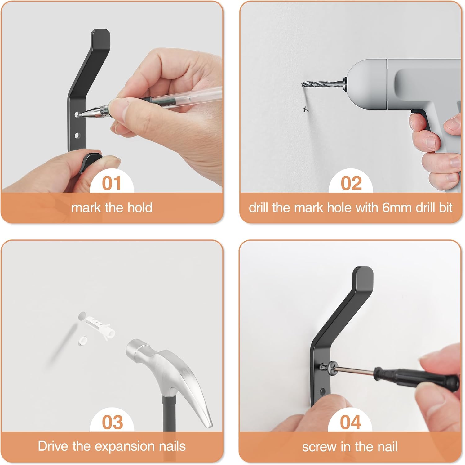 10-Pack Coat Hook for Hanging, 10KG Max , Stainless Wall Hooks for Towel, Hat, Backpack, Key, Clothes, Wall Mounted Coat Hanger for Closet, Black 10 CM