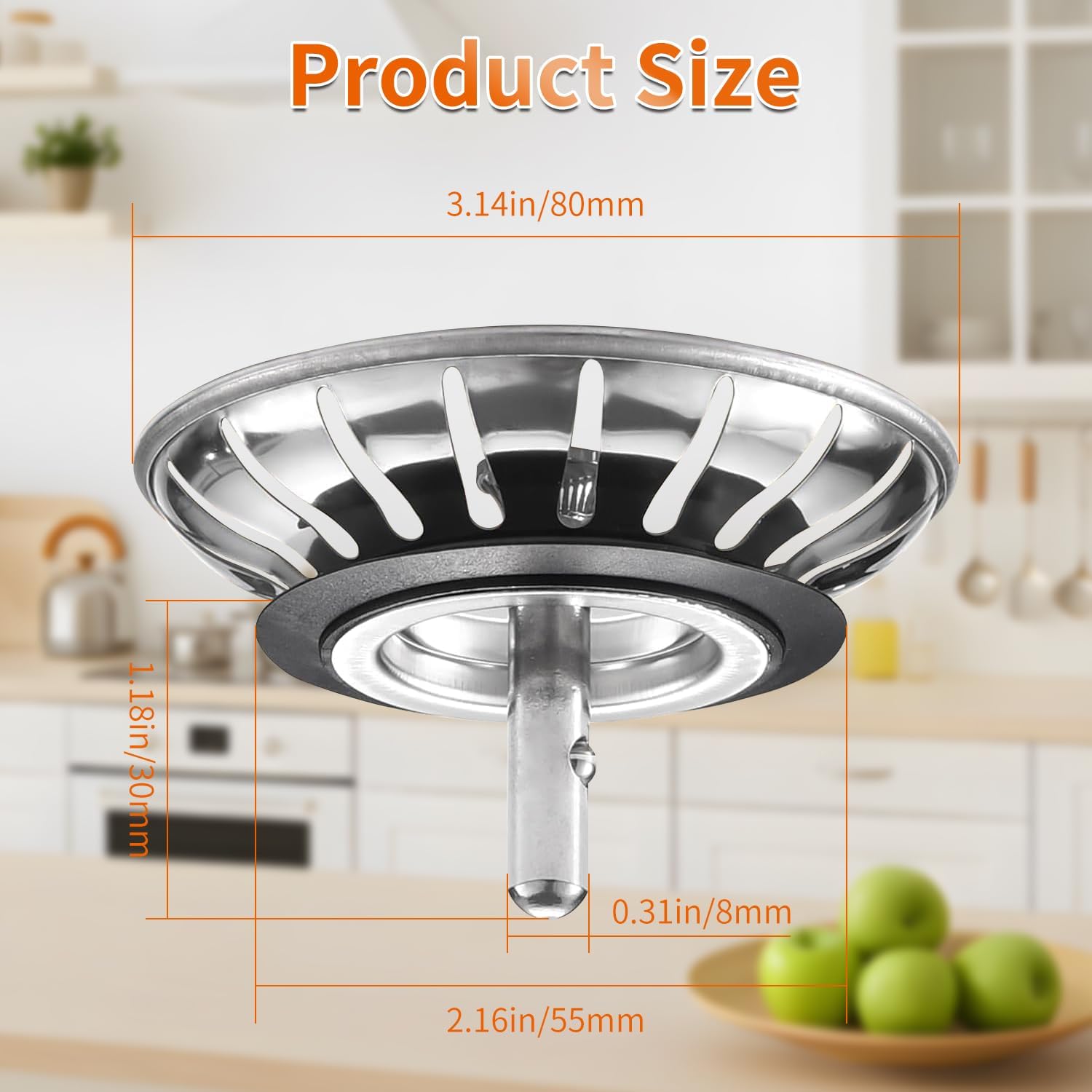 Kitchen Sink Strainer - 2Pack Sink Drain Stopper, 80mm 3.15in Stainless Steel Kitchen Sink Accessories Plug with Anti-Clogging Basket, Bouchon Evier Cuisine
