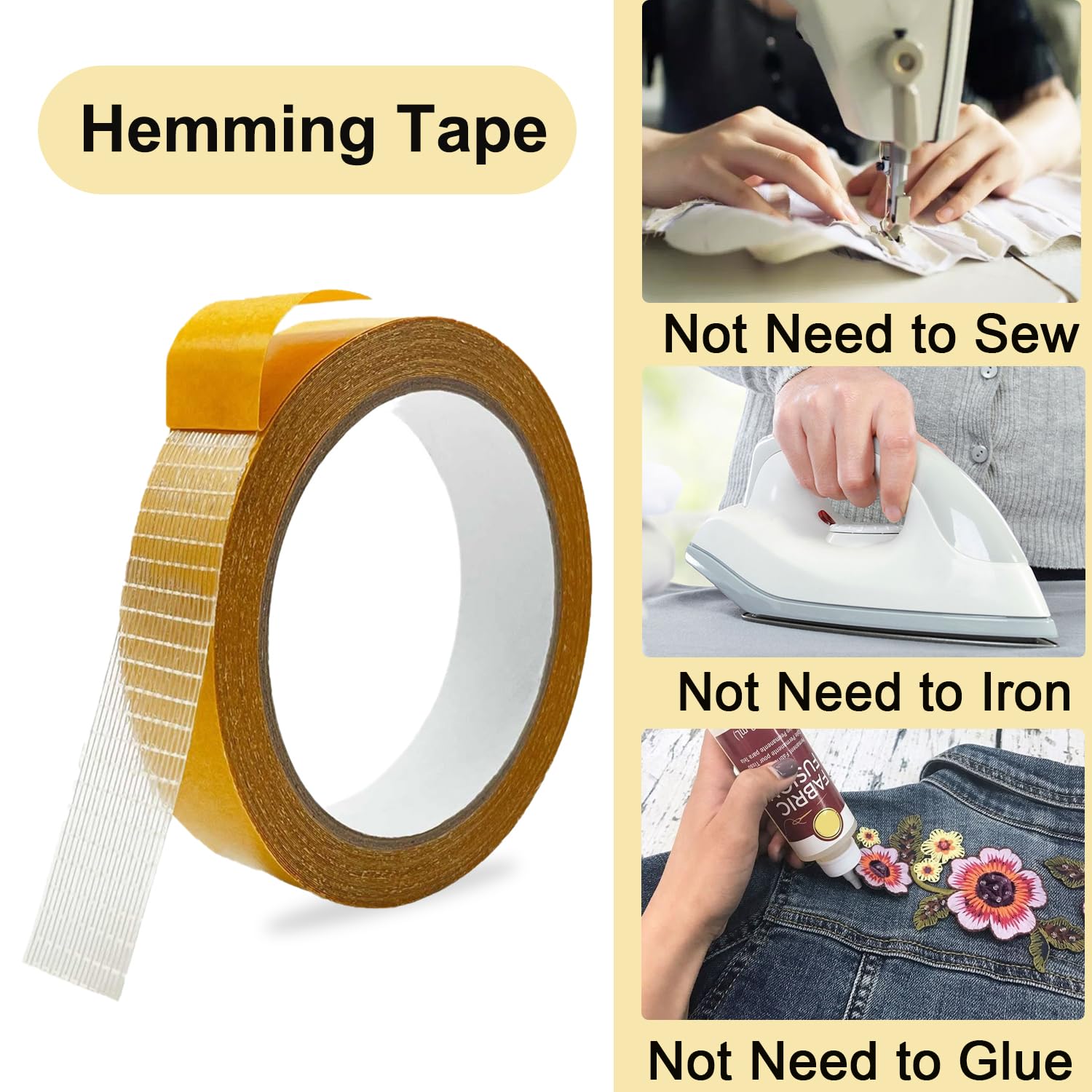 Heavy Duty Double Sided Fabric Tape, 1 Inch X 33FT Stitch Witchery Hem Tape for Pants Clothes Curtain Fabric Sofa Covers, No Sewing Ironing, Strong Adhesive Tape for Rug, Carpet, Art