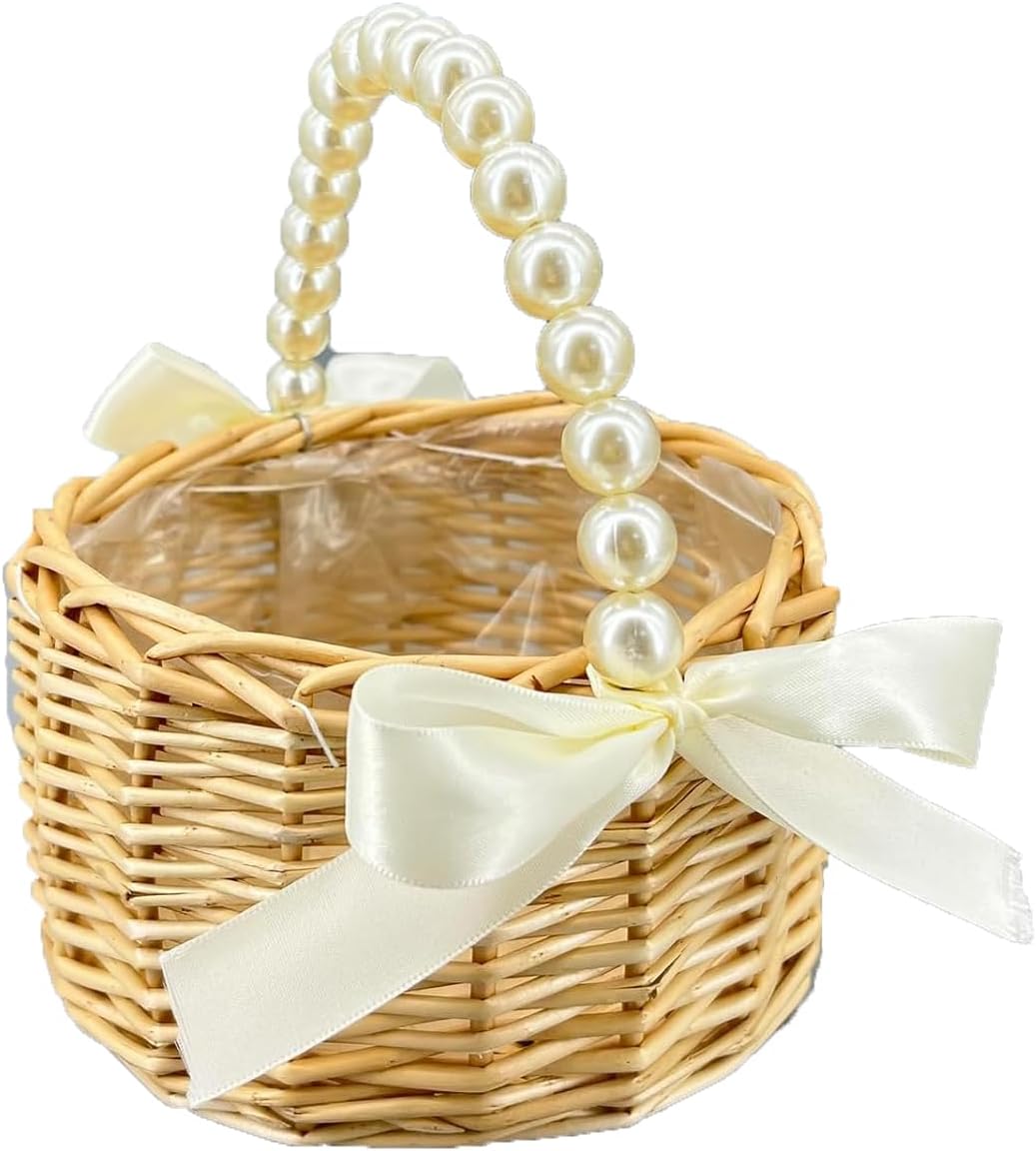 Wicker Rattan Flower Girl Basket with Bows,Pearl Handle Flower Basket,Wedding Flower Girl Basket and Home Decorations. 1