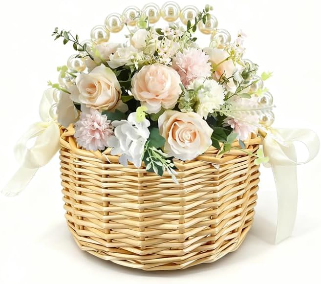 Wicker Rattan Flower Girl Basket with Bows,Pearl Handle Flower Basket,Wedding Flower Girl Basket and Home Decorations. 1