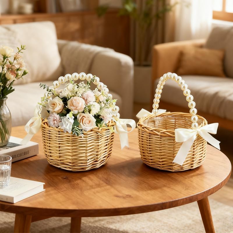 Wicker Rattan Flower Girl Basket with Bows,Pearl Handle Flower Basket,Wedding Flower Girl Basket and Home Decorations. 1