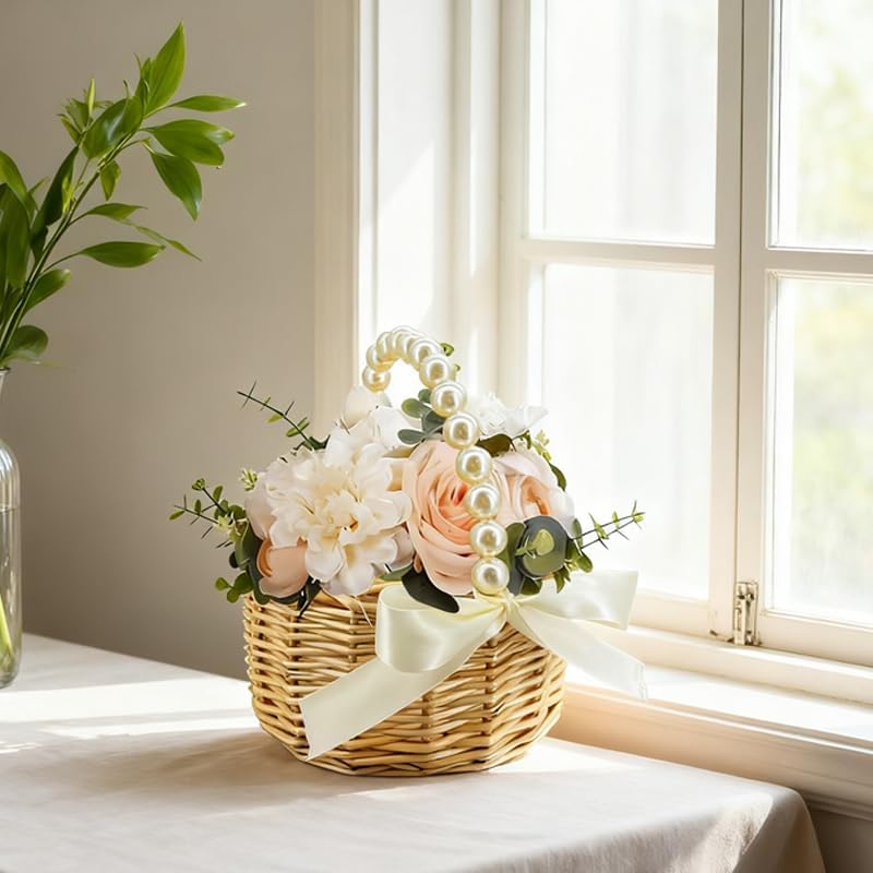 Wicker Rattan Flower Girl Basket with Bows,Pearl Handle Flower Basket,Wedding Flower Girl Basket and Home Decorations. 1