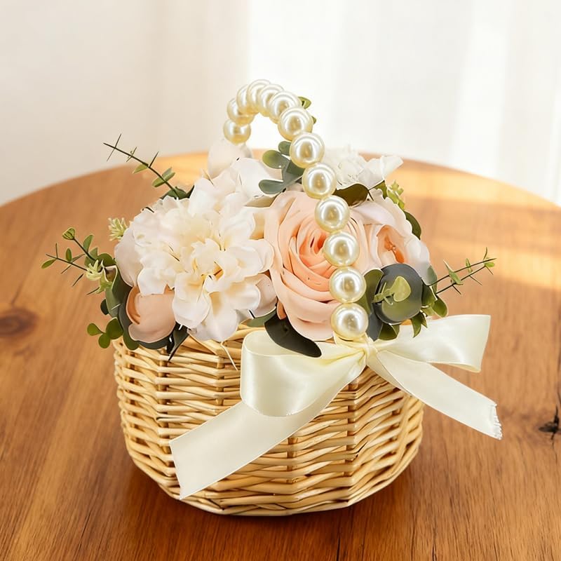 Wicker Rattan Flower Girl Basket with Bows,Pearl Handle Flower Basket,Wedding Flower Girl Basket and Home Decorations. 1