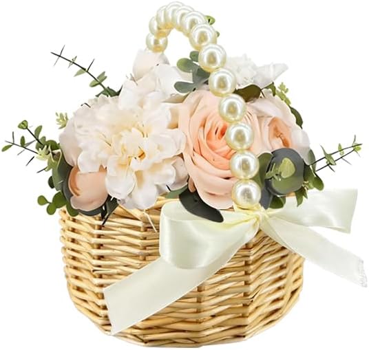 Wicker Rattan Flower Girl Basket with Bows,Pearl Handle Flower Basket,Wedding Flower Girl Basket and Home Decorations. 1